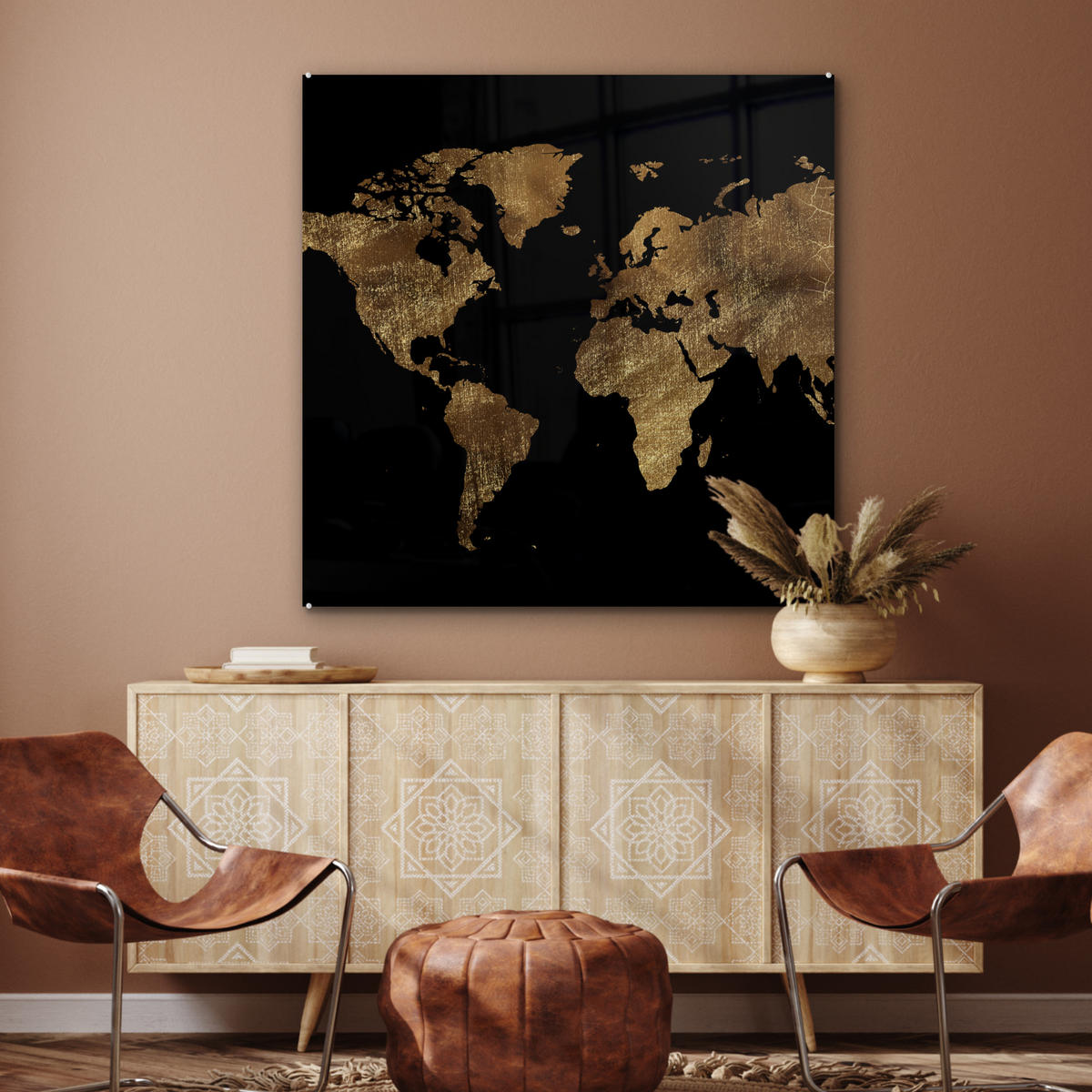 ACRYLGLASBILD Weltkarte - Gold - Luxus - Erde - Schwarz 90x90 cm - Goldfarben, Glas (90/90cm) - MuchoWow