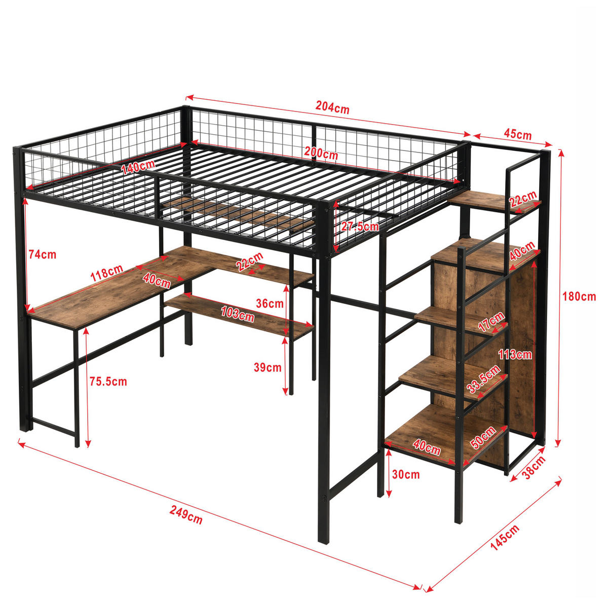 HOCHBETT 140/200 cm Schwarz mit Schreibtisch und Stauraum - Schwarz, Metall (140/200cm) - MIVRAY