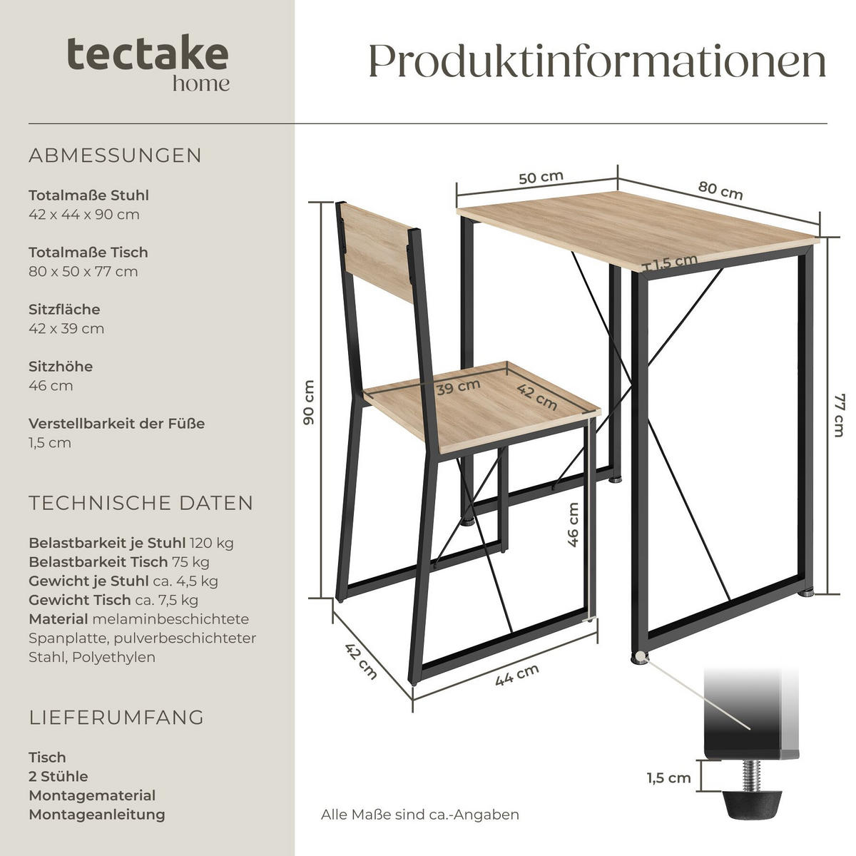 SITZGRUPPE Margate, mit höhenverstellbaren Kunststofffüßen, Industrial Holz hell, Eiche Sonoma - Naturfarben, Holzwerkstoff (80/90/138cm) - tectake