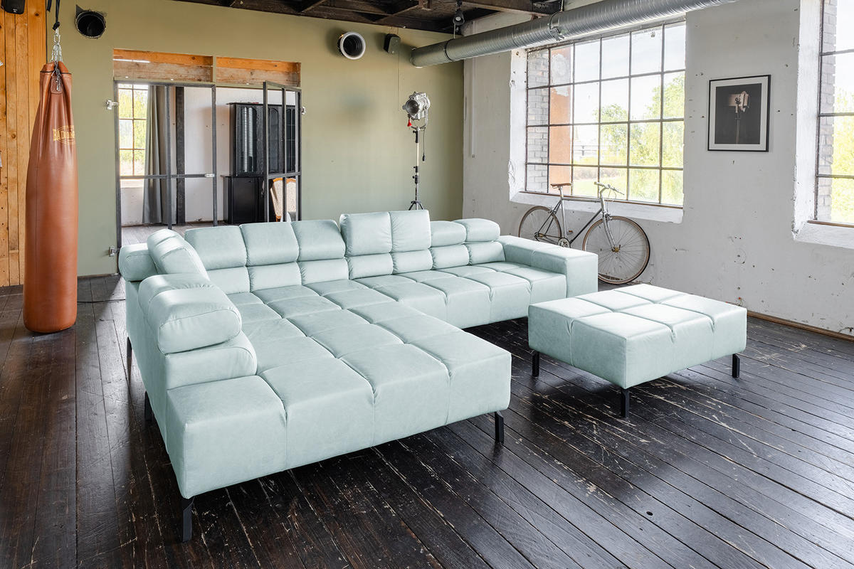 ECKSOFA NELSON Hellblau Leder Relaxfunktion - Schwarz/Hellblau, Leder/Metall (321/216cm) - KAWOLA