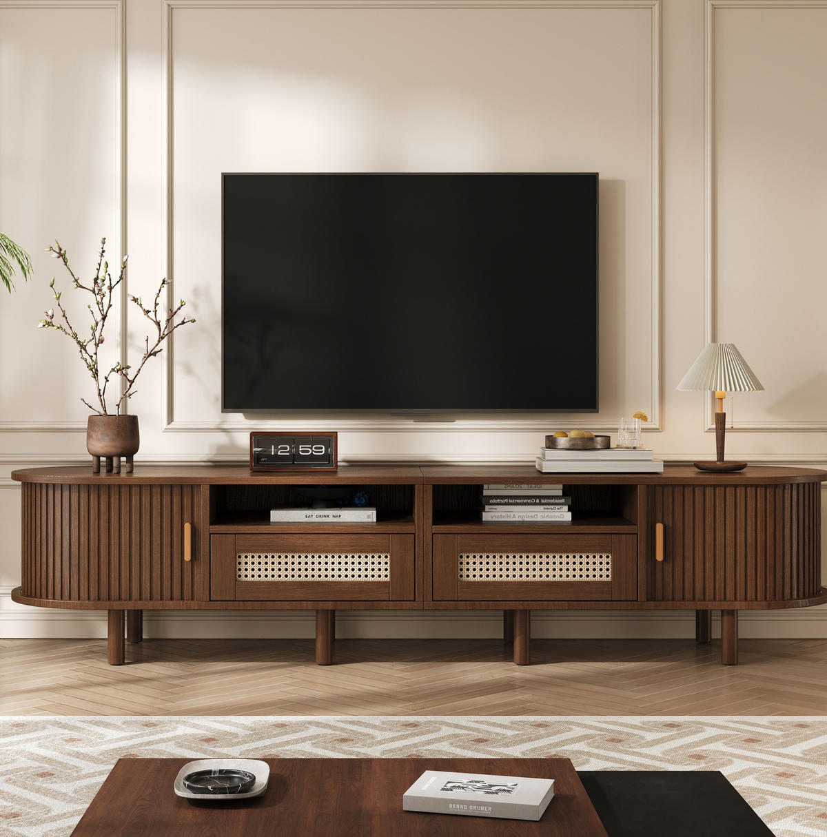 TV-LOWBOARD aus MDF 170x40x40 cm Dunkle Eiche mit 2 Schubladen, 2 Schiebetüren und ovaler Form - Braun, Holzwerkstoff (170/40/40cm) - Modfu