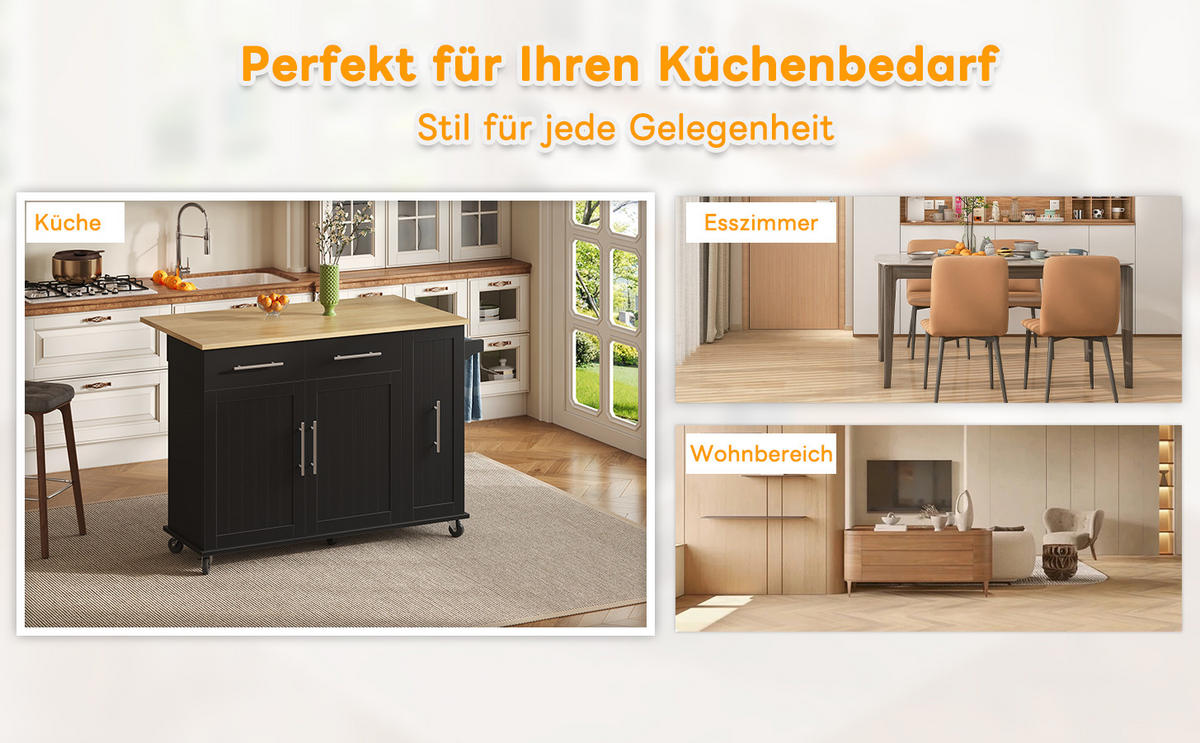 KÜCHENINSEL mit Klappplatte, 2 Schubladen und Rollen, Schwarz - Schwarz, Holzwerkstoff (120/90/40cm)
