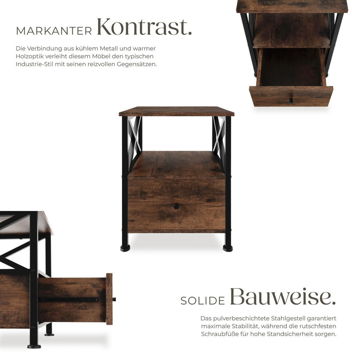 NACHTSCHRANK Falkirk, 40 x 41,5 x 55,5 cm, Industrial Holz dunkel, rustikal - Rostfarben, Holzwerkstoff (40/55.5/41.5cm) - tectake