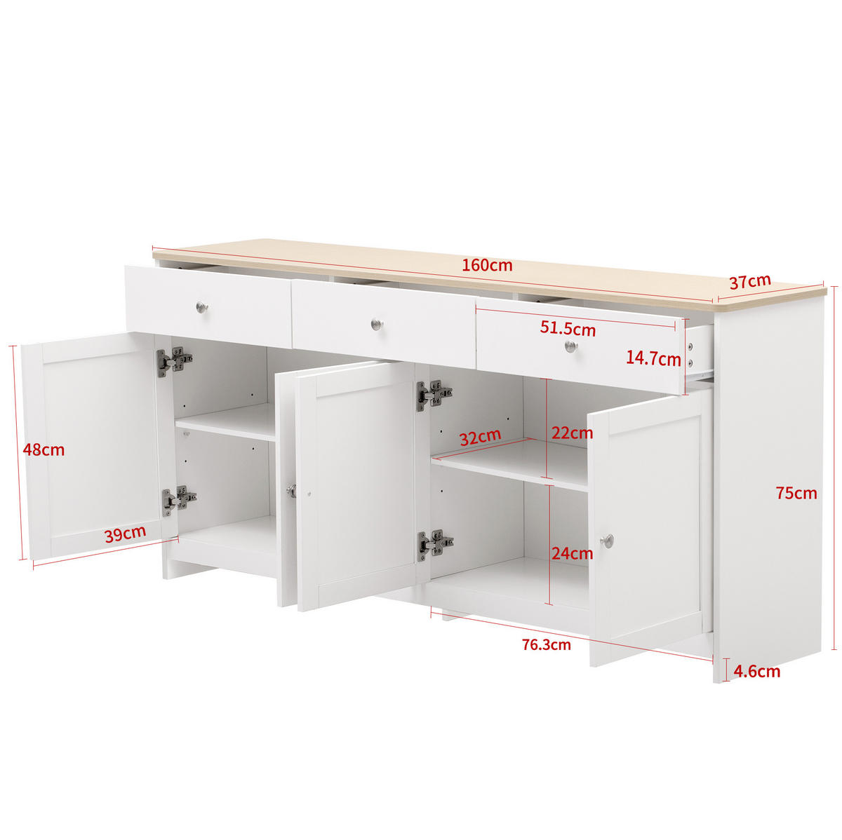 SIDEBOARD aus MDF 160x37x75 cm Weiß und Holzfarbe mit 3 Schubladen und verstellbaren Regalböden - Weiß, Holzwerkstoff (160/75/37cm) - IVMEU
