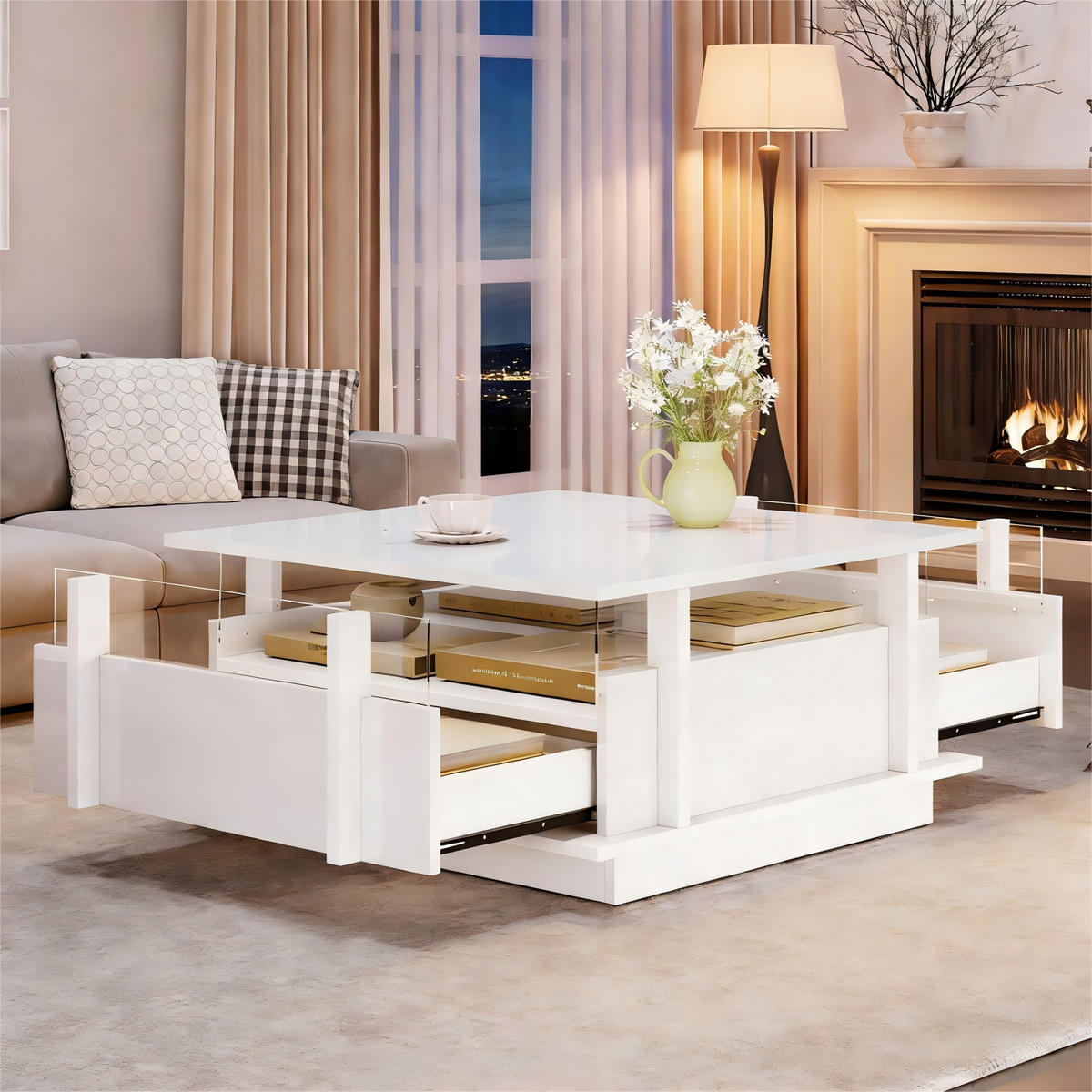 COUCHTISCH 70/70/35 cm Weiß aus Holzwerkstoff mit LED-Beleuchtung und 2 Schubladen - Weiß, Holzwerkstoff (70/70/35cm) - OKWISH