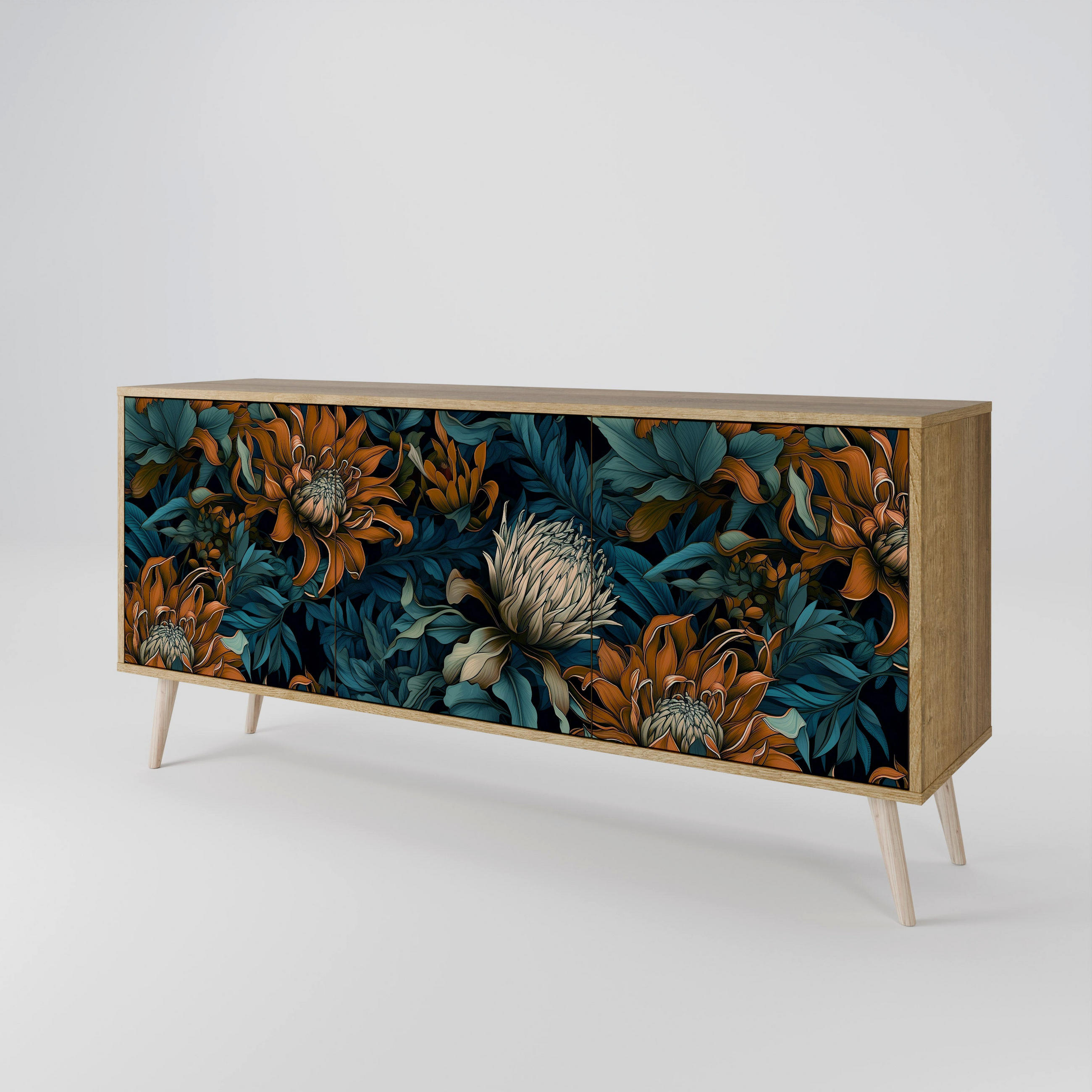 SIDEBOARD MORNING BLOOM, Eicheneffekt, 164,5x42x77,5 cm, 3 Türen - Eichefarben/Buchefarben, Holzwerkstoff/Buchenholz (164.5/77.5/42cm) - SpaceRebels