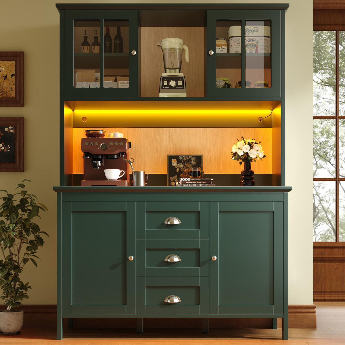 KÜCHENSCHRANK 120x40x179 Cm Glas Türen LED Grün - Grün, Holzwerkstoff (120/179/40cm) - FLIEKS