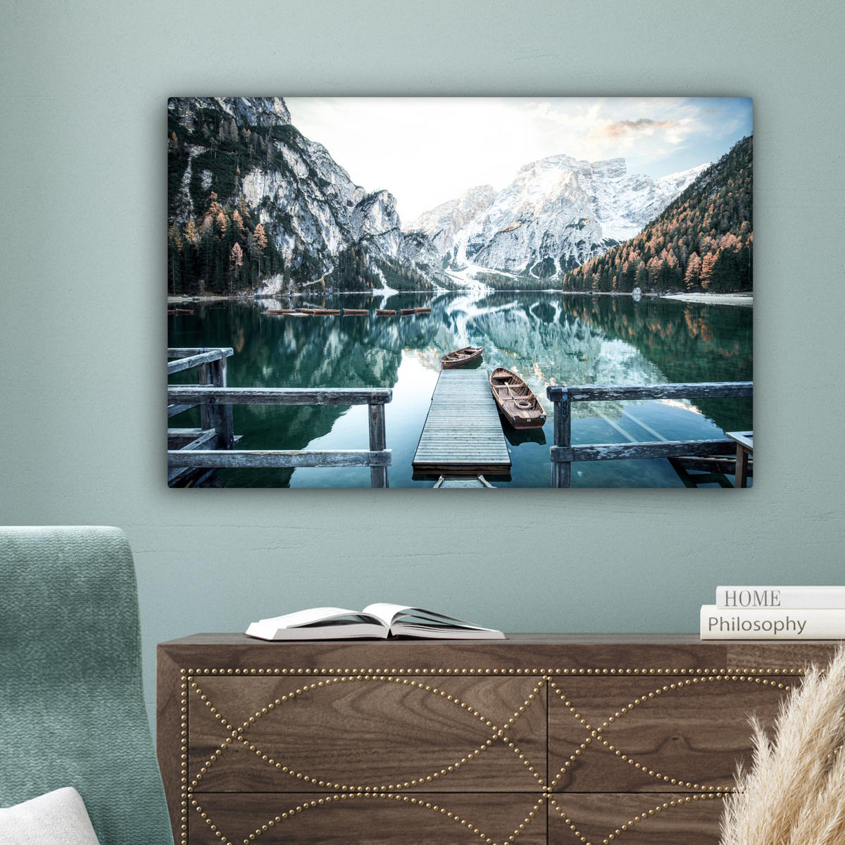 LEINWANDBILD Natur - Berge - Schnee - Wald - Boot Wanddeko 90x60 cm - Hellgrün, Textil (90/60cm) - MuchoWow