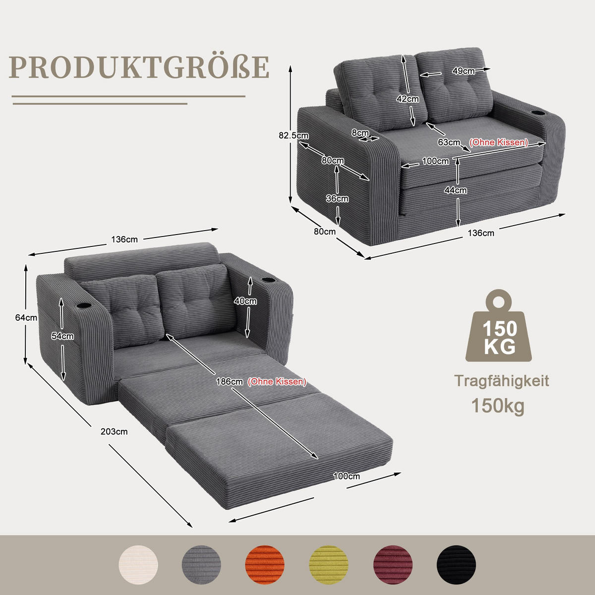 SCHLAFSOFA 2-Sitzer Sofa mit 2 Zierkissen,Lounge Sofa,Polstersofa,Cord,Grau - Grau, Textil (136/82.5/80cm) - LVHOM