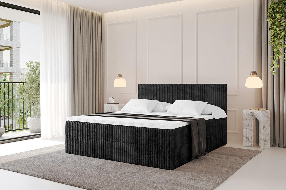 BOXBETT mit Matratze H4 und Lattenrost - TOLO - 200x200 Cord - Schwarz - Schwarz, Holzwerkstoff/Kunststoff (200/200cm) - ALTDECOR