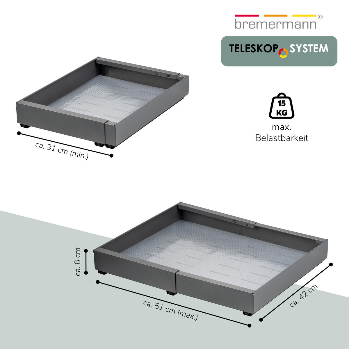 TELESKOPSCHUBLADE, zum Kleben oder Bohren, Breite von 31-51 cm, grau - Grau, Metall (51/6/42cm) - bremermann