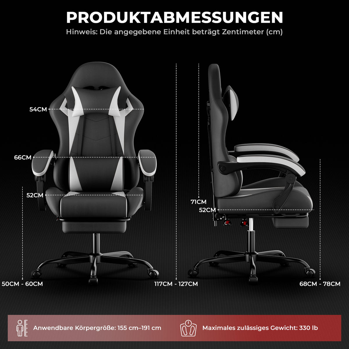 GAMINGSTUHL Schwarz-Weiß 58,5/63/120,5 cm - Schwarz, Metall (58.5/120.5/63cm) - PANGIVO
