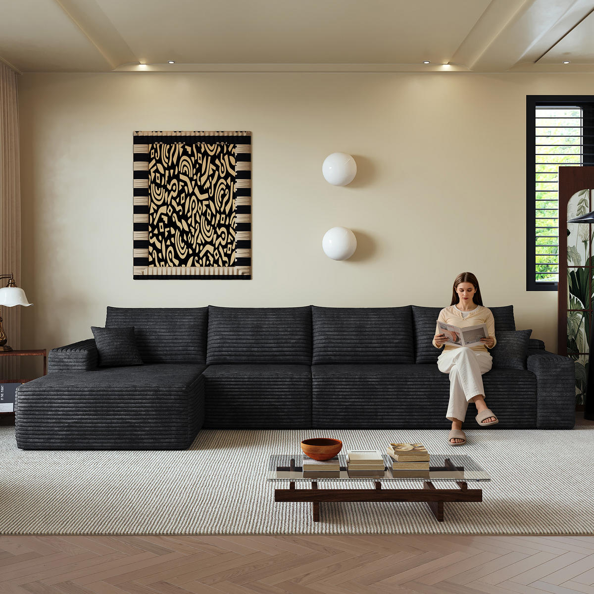 ECKSOFA 340/175/83 cm Schwarz mit L-förmiger Chaiselongue, Linke Seite - Schwarz, Textil (340/175cm) - Oxeza