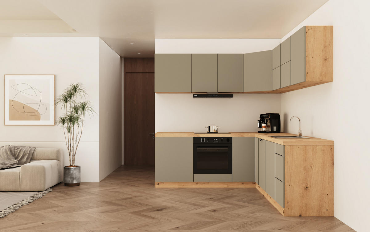 WINKELKÜCHE 240 cm x 200cm- Langen KL25-M240 - in Beige/Matt - Beige, Holz (440/212/52cm)