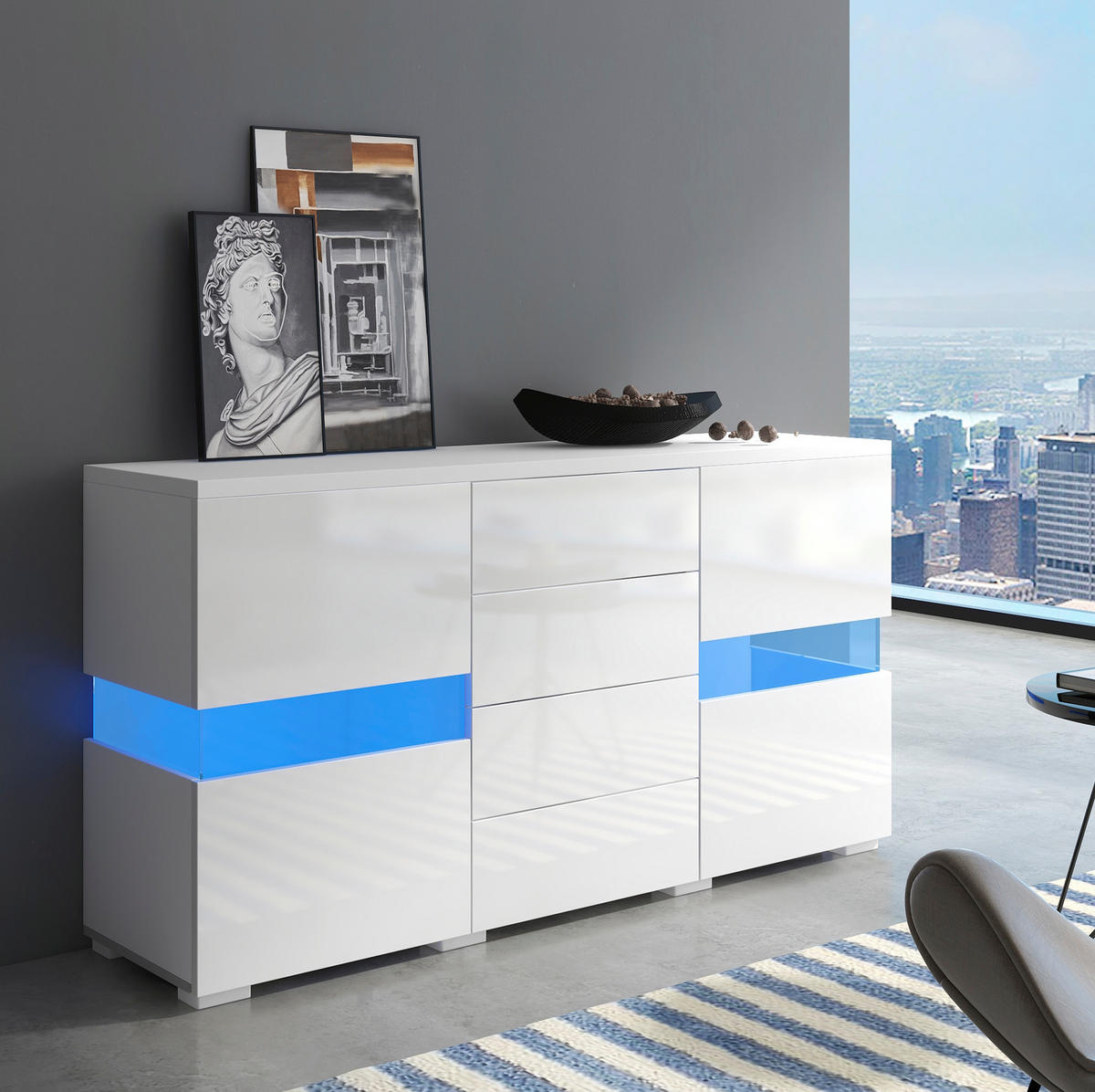 SIDEBOARD 140/35/72 cm mit 2 Acryltüren, 4 Schubladen & LED in Weiß - Weiß, Holzwerkstoff (145/72/35cm) - BEAOK