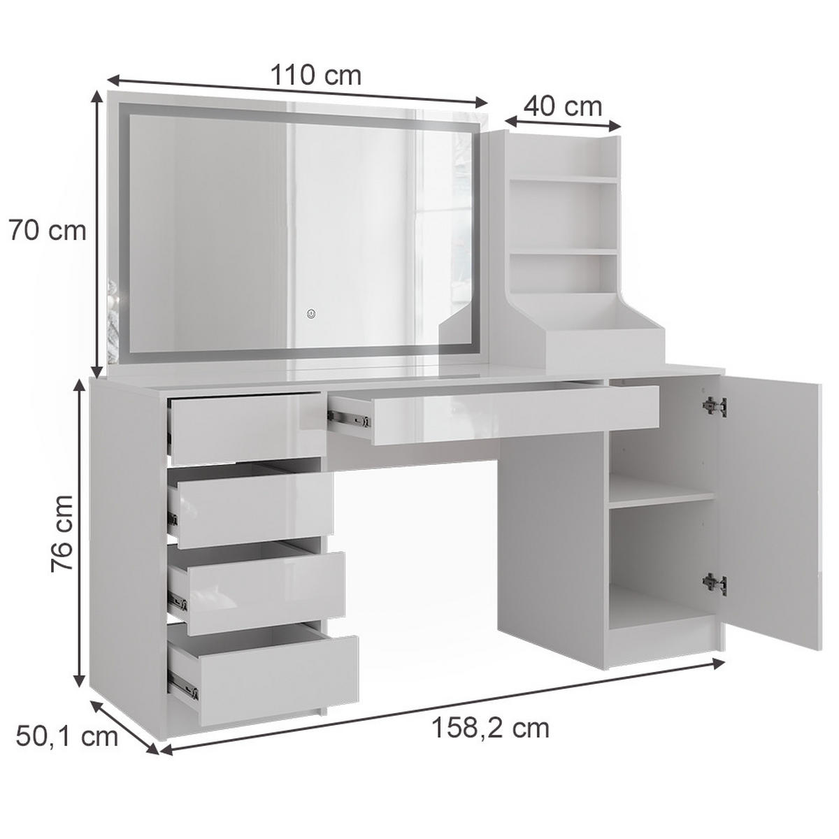 SCHMINKTISCH Sherry Weiß/Weiß Hochglanz 158.2 cm 3 Teile - Weiß Hochglanz, Holzwerkstoff (158.2/76/50.1cm) - Vicco