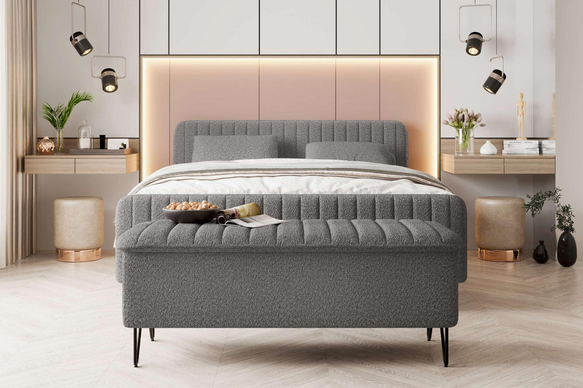 BOXSPRINGBETT LUCIO mit Hocker Bouclé-Stoff Grau 160/200 cm - Schwarz/Grau, Textil/Metall (160/200cm) - 99rooms
