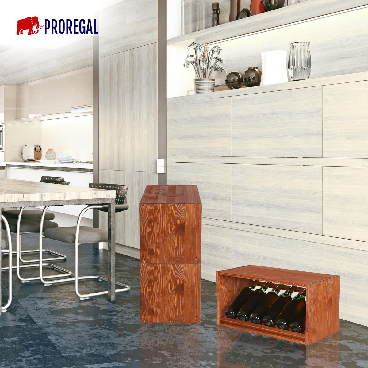 WEINREGAL Vincellar Mod 30x60x30 cm Schräg Modul Für 6 Flaschen Massives Kiefernholz Braun Geölt - Braun, Holz (60/30/30cm) - PROREGAL