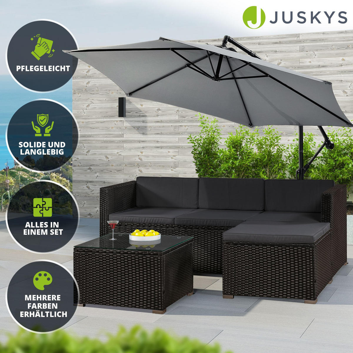 LOUNGEGARNITUR Punta Cana 3-tlg. - Dunkelgrau/Schwarz, Kunststoff - Juskys