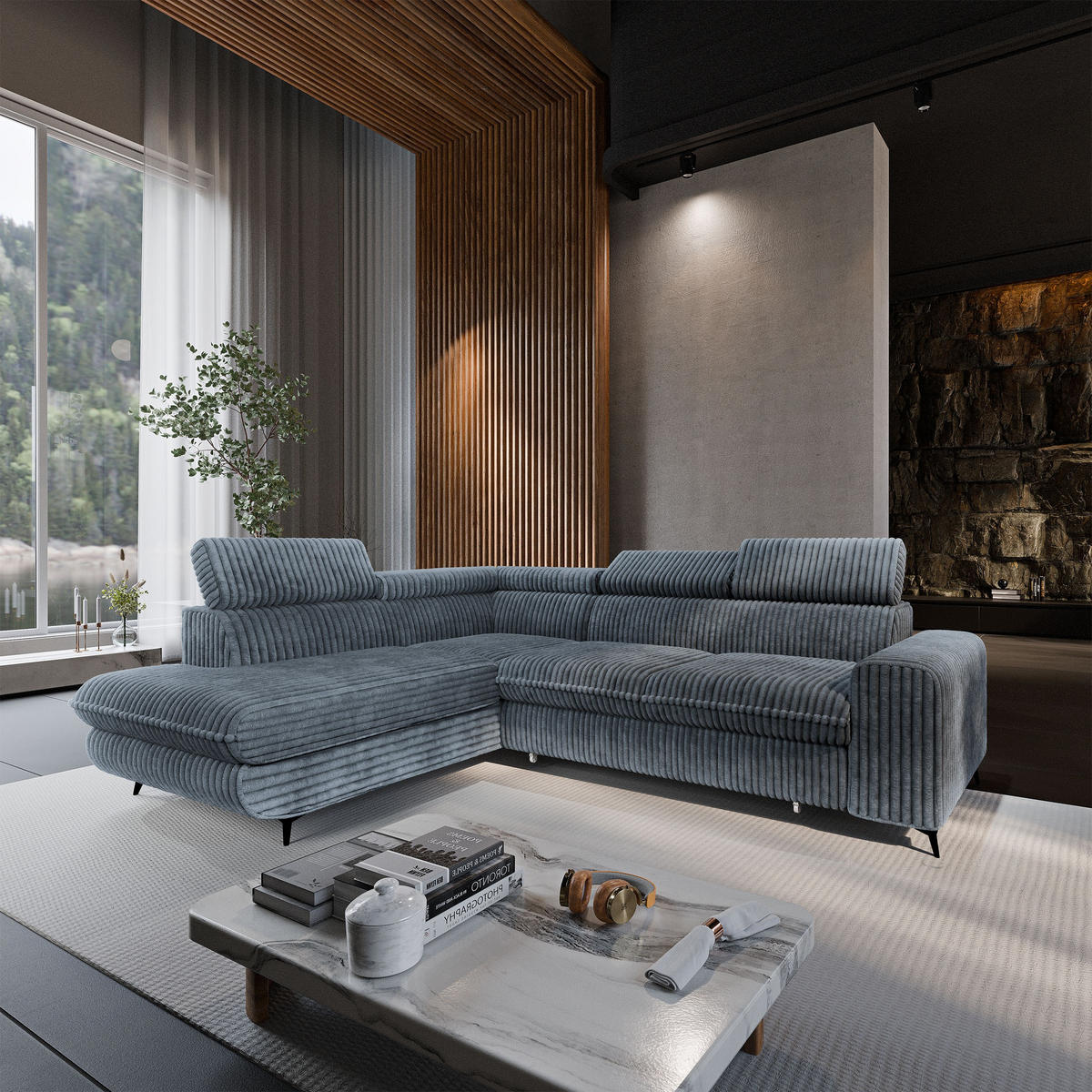 ECKSOFA VELISS Grau Kordstoff mit Schlaffunktion - Grau, Holz (255/193cm) - MASSENO