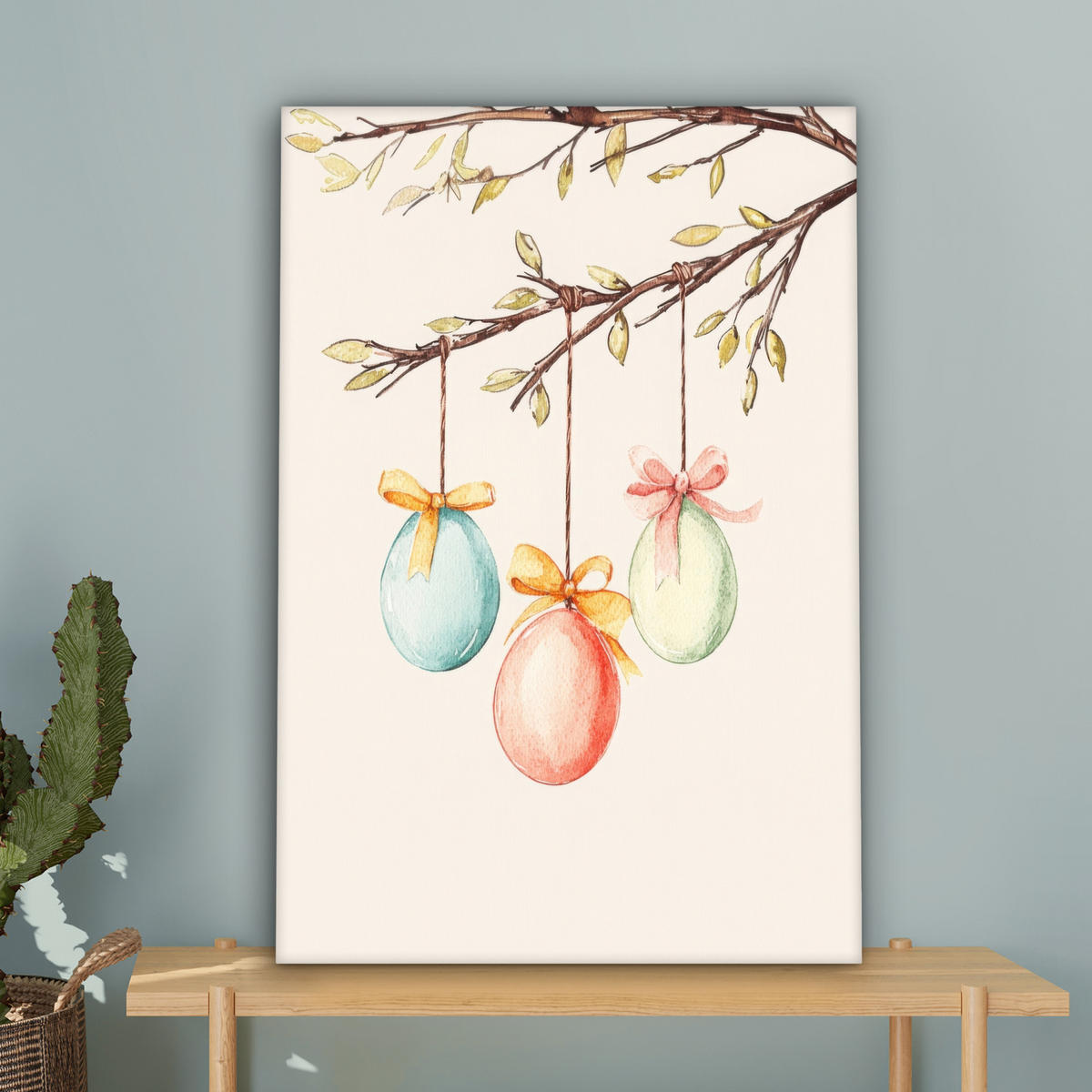 LEINWANDBILD Osterkuchen - Schleife - Eier Wanddeko Schlafzimmer 60x90 cm - Creme, Textil (60/90cm) - MuchoWow