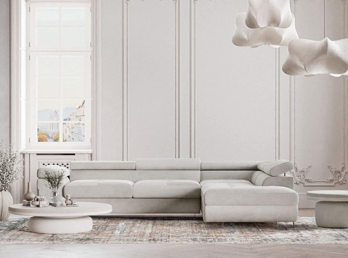 ECKSOFA Concord Beige grau Chenille-Stoff - Rechts Seite - Greige/Schwarz, Holz/Holzwerkstoff (277/203cm) - Maison de Reve