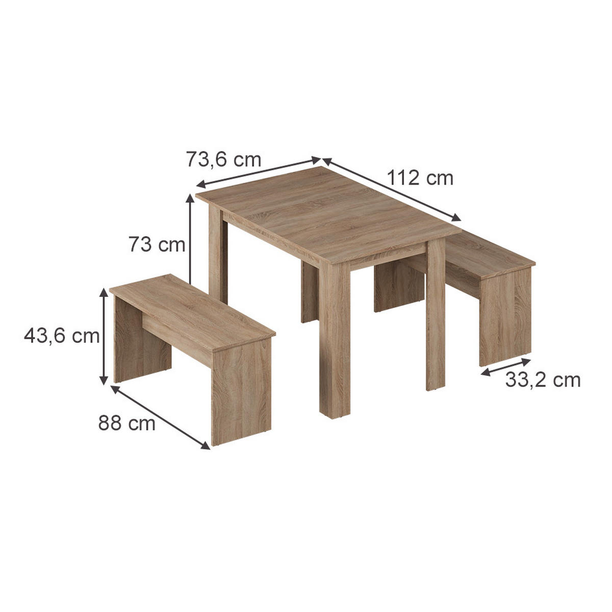 JÍDELNÍ STŮL SESTAVA Sentio Sonoma 112 x 73.6 cm se 2 lavicemi - Sonoma dub, kompozitní dřevo (112/73/73.6cm) - Vicco