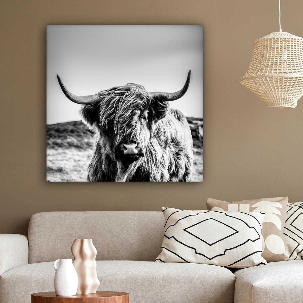 LEINWANDBILD Kuh - Schottischer Hochländer - Schwarz - Weiß - Tier - Natur - Wildtiere 90x90 cm - Schwarz, Textil (90/90cm) - MuchoWow