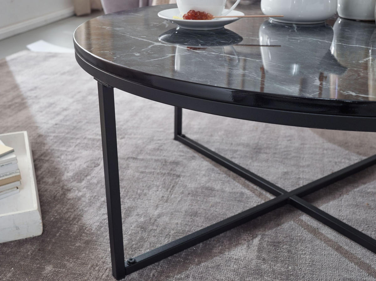 COUCHTISCH mit Marmor-Optik und Hochglanz-Finish, rund, Schwarz 80x80x35 cm - Schwarz, Holz/Metall (80/80/35cm) - KADIMA DESIGN