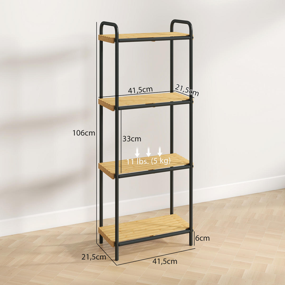 BADEZIMMERREGAL DE-17341 4 Ebenen, schmal aus Bambus & Stahl Natur - Schwarz, Naturmaterialien (21.5/106/41.5cm) - ComfortXL