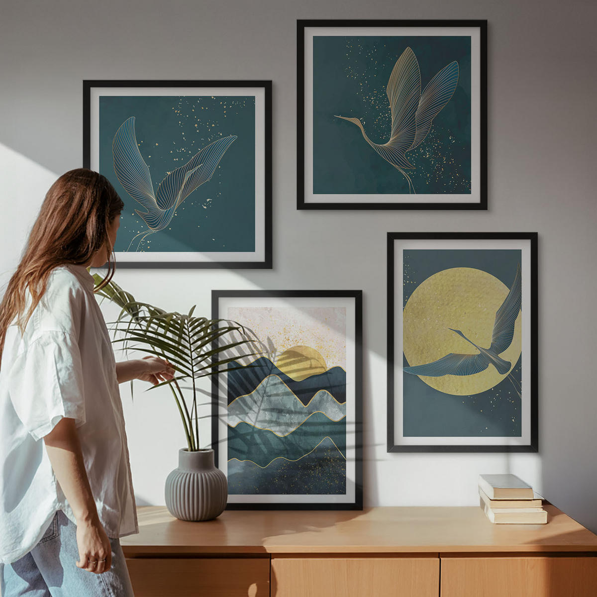 WANDBILDER 4er-Set - 50x50 cm & 40x60 cm Schwarzer Rahmen - Vögel, Kraniche, Mond, Berge - Schwarz, Kunststoff (50/50cm) - ArtPrintCave