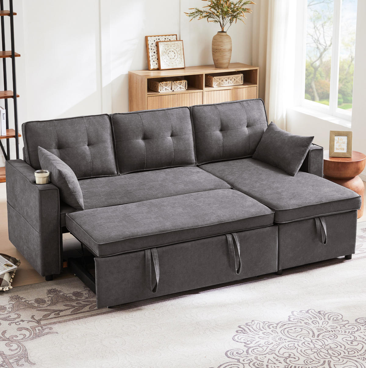 SCHLAFSOFA Baumwolle/Leinen mit Stauraum & Getränkehalter, 211/130/86 cm, Grau - Grau, Textil (130/86/211cm) - Redom