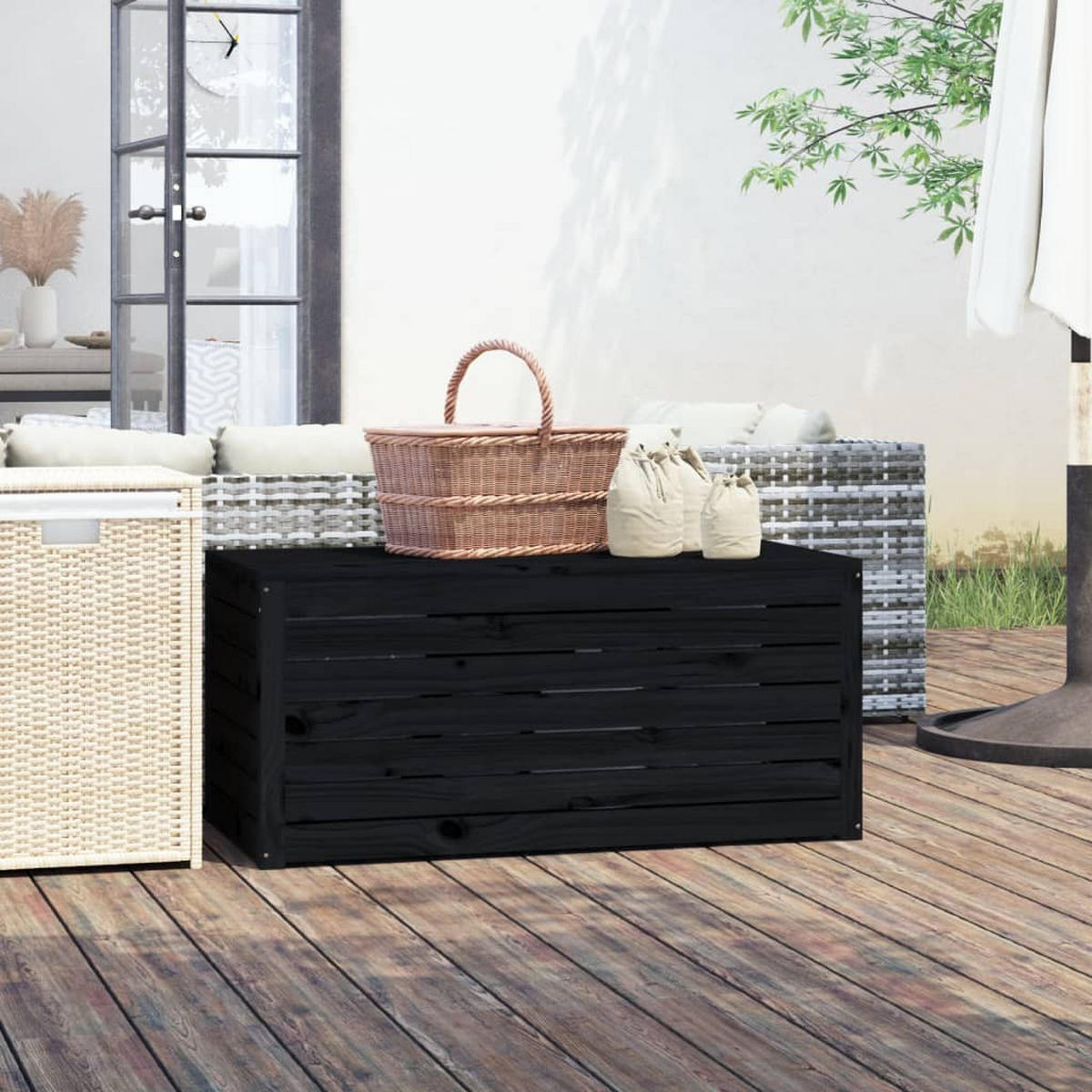 GARTENBOX Schwarz 101x50,5x46,5 cm Massivholz Kiefer - Schwarz, Holz (101/46.5/50.5cm) - furnicato