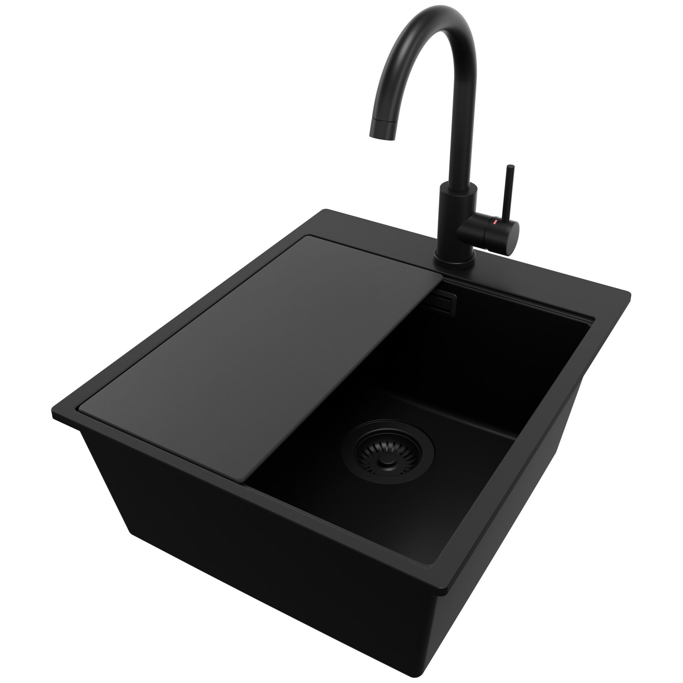 GRANITSPÜLE Oslo, 2-er set Alles Schwarz 43/50 cm 1 Becken + Küchenarmatur 32/20 cm + Ablauf-Set + Schneidebrett ab 45er Unterschrank - Schwarz, Kunststoff (43/20/50cm) - Primagran