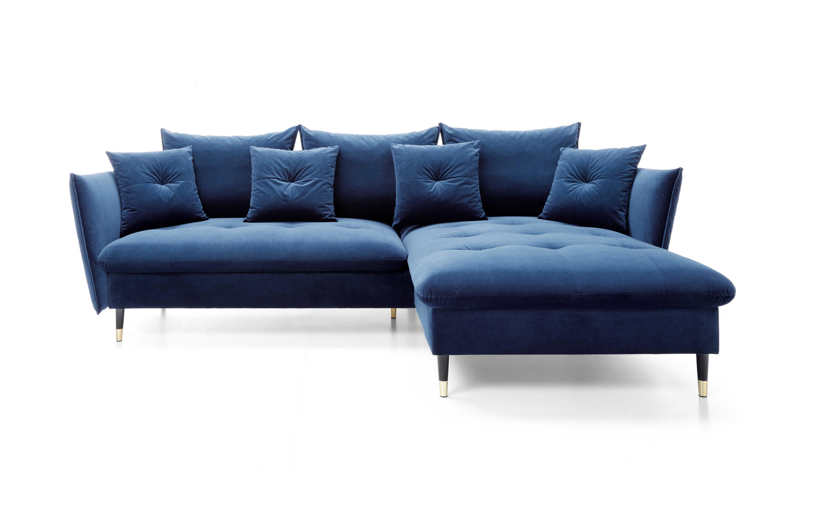 ECKSOFA GLAM mit Schlaffunktion, Ottomane & goldenen Füßen – Samtsofa im Glamour-Stil mit Zierkissen, 258x167x91 cm, rechte, blau​ - Blau, Holz/Textil (258/167cm) - DomoHome