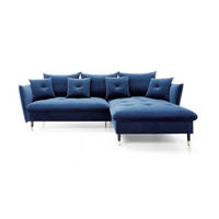 ECKSOFA GLAM mit Schlaffunktion, Ottomane & goldenen Füßen – Samtsofa im Glamour-Stil mit Zierkissen, 258x167x91 cm, rechte, blau​ - Blau, Holz/Textil (258/167cm) - DomoHome