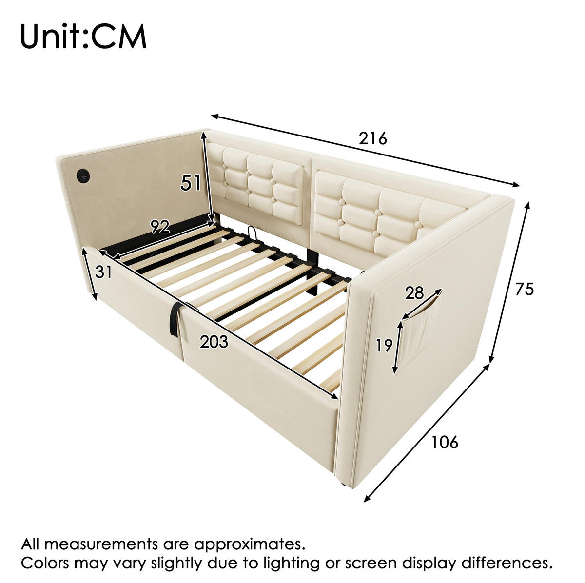 BETT 90/200 cm in Beige mit Stauraum und USB- und Type-C-Anschlüssen - Beige, Textil (90/200cm) - Flora Grace
