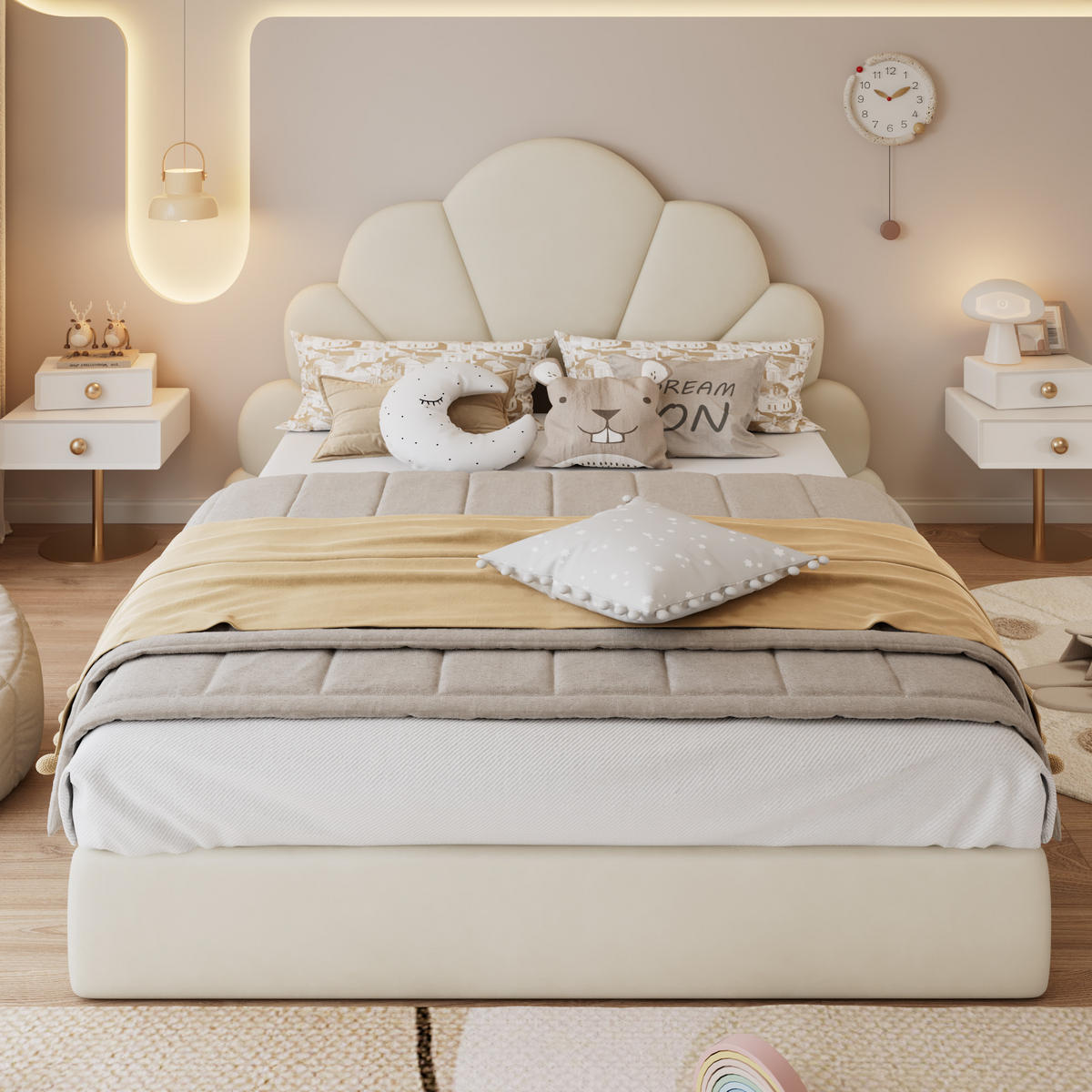 POLSTERBETT 140/200 cm DE-02251, in Beige, mit Blüten-Kopfteil - Beige, Holzwerkstoff (140/200cm) - ComfortXL