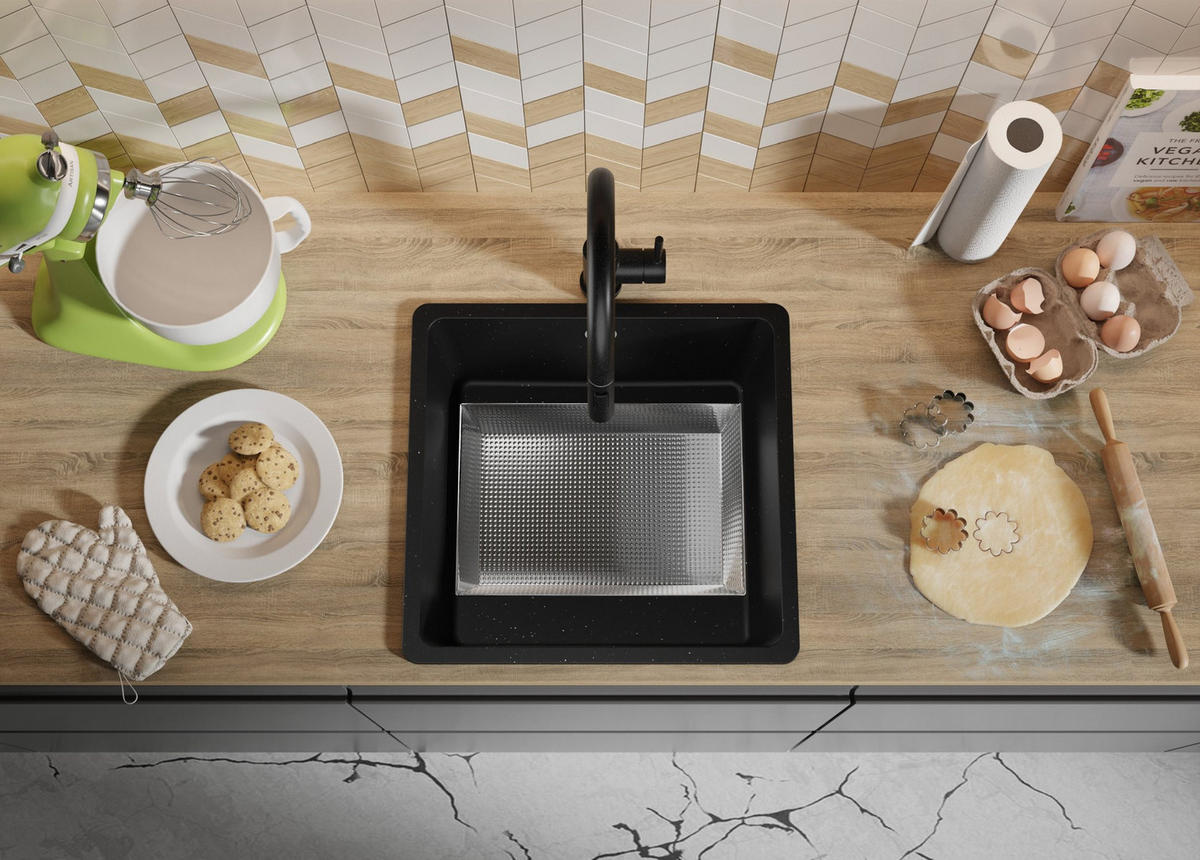 SPÜLBECKEN Venedig Slim Easy, 2-er set Schwarz Metallic 46/44 cm 1 Becken + Ablauf-Set ab 50er Unterschrank - Chromfarben/Schwarz Hochglanz, Kunststoff (46/20/44cm) - Primagran