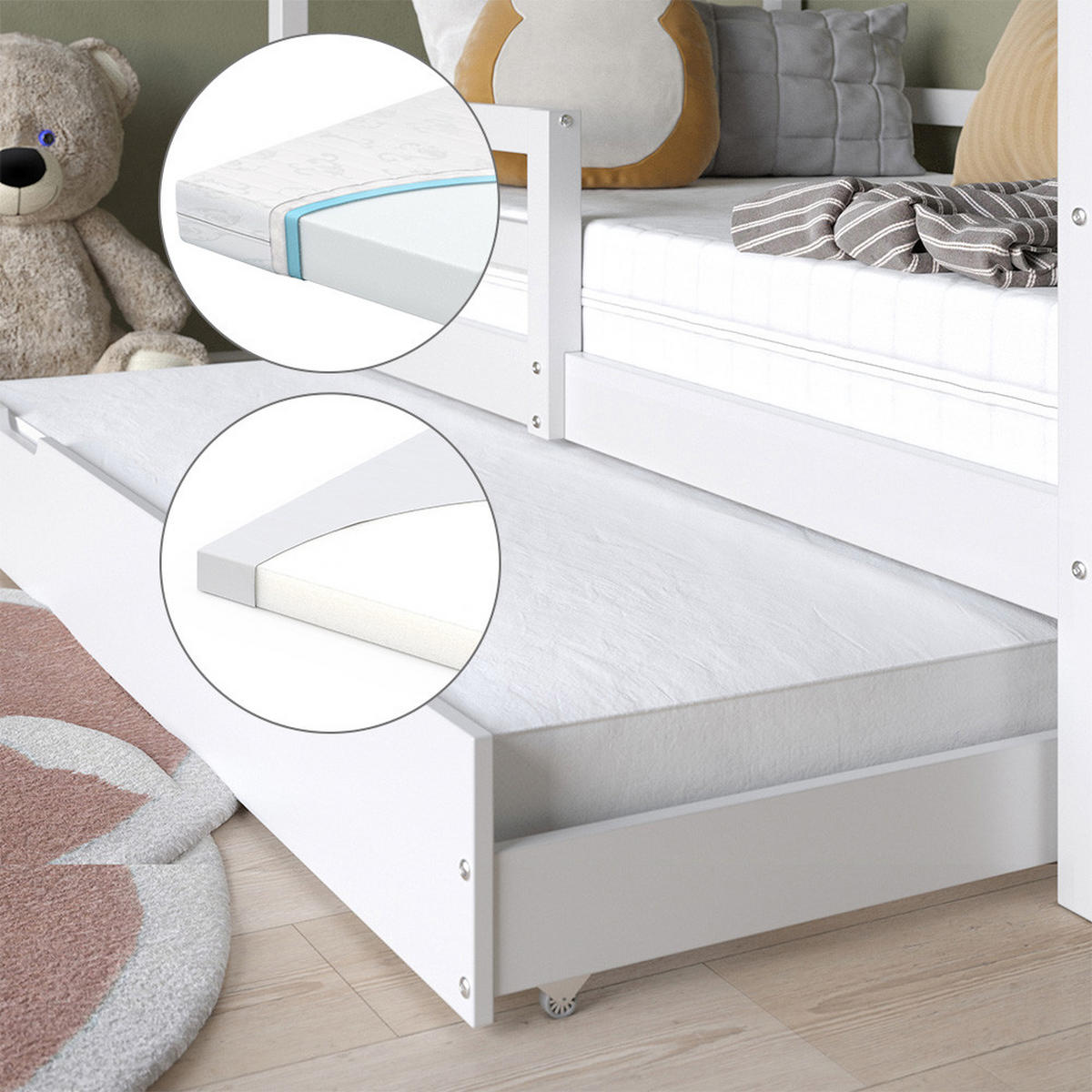 HAUSBETT Luni Weiß 160 x 80 cm mit ausziehbarem Gästebett und Matratzen - Weiß, Holz - VitaliSpa