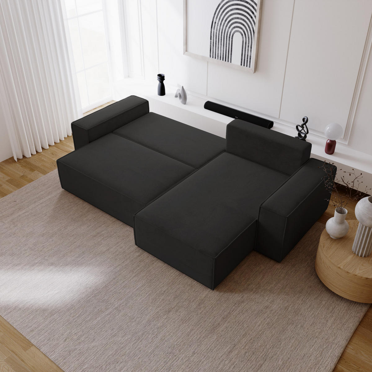 ECKSOFA mit Schlaffunktion Bergamo L 280 cm, Samt, Rechts - Schwarz - Schwarz, Holz (189/277cm) - Emporius