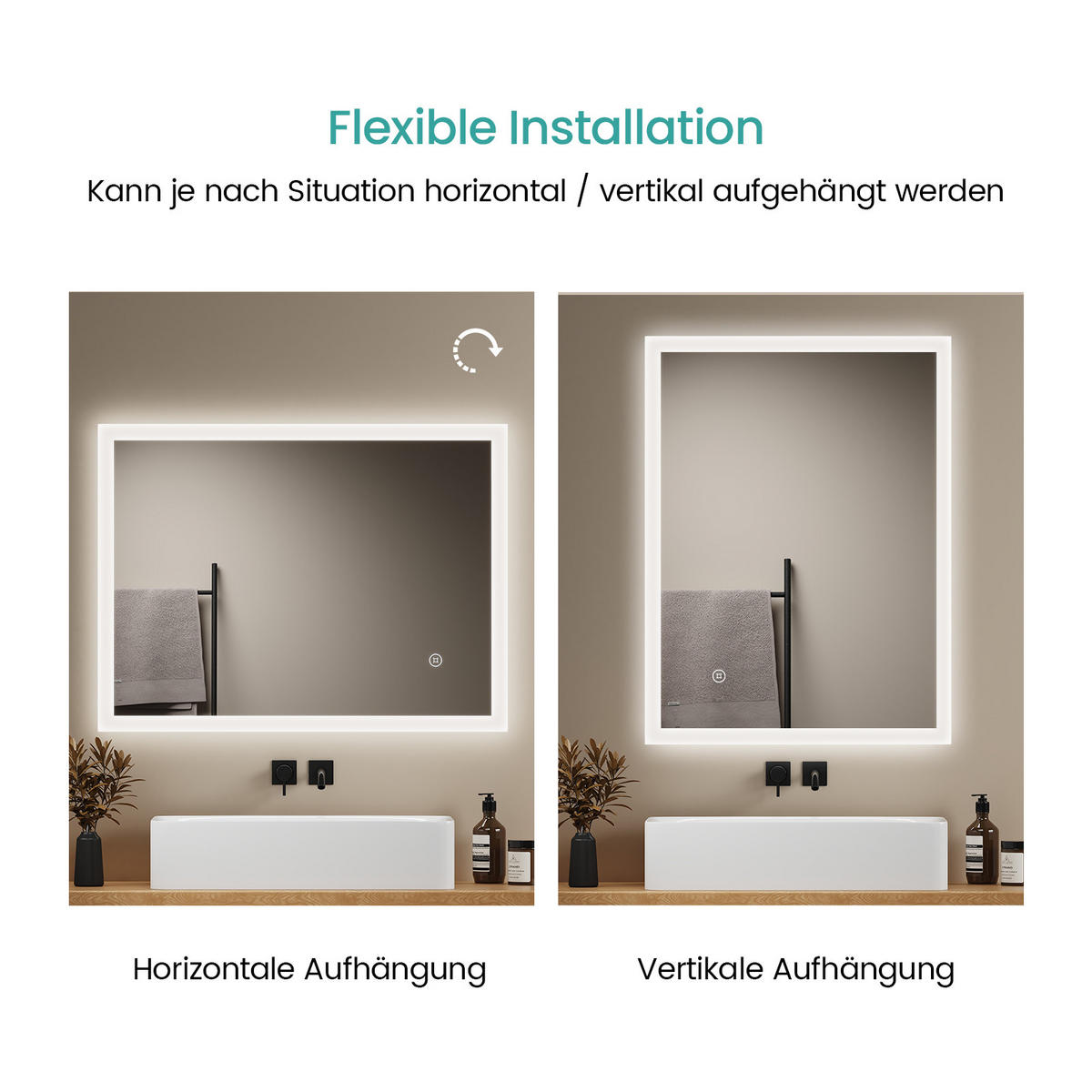 BADSPIEGEL mit Anti-Beschlag Touch-Taste Beleuchtung 80/60/3,5 cm - Weiß, Glas (60/3.5/80cm) - EMKE