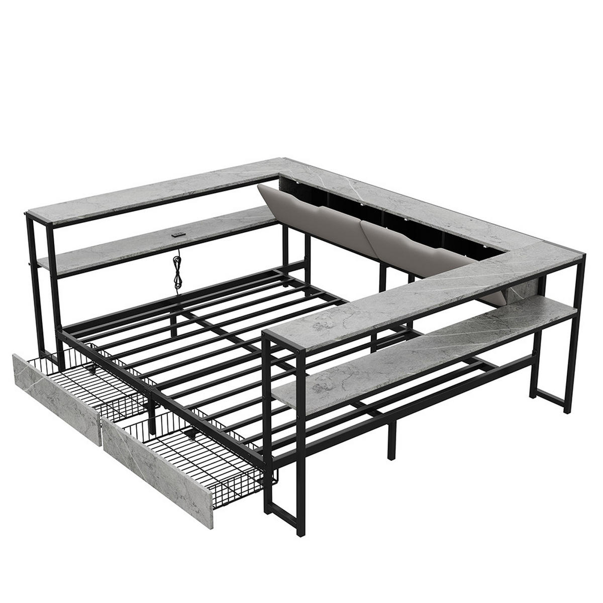 KREVET ZA MLADE 140x200 cm s USB i Type-C stanicom za punjenje, metalni okvir kreveta - siva, metal (140/200cm) - KOMHTOM