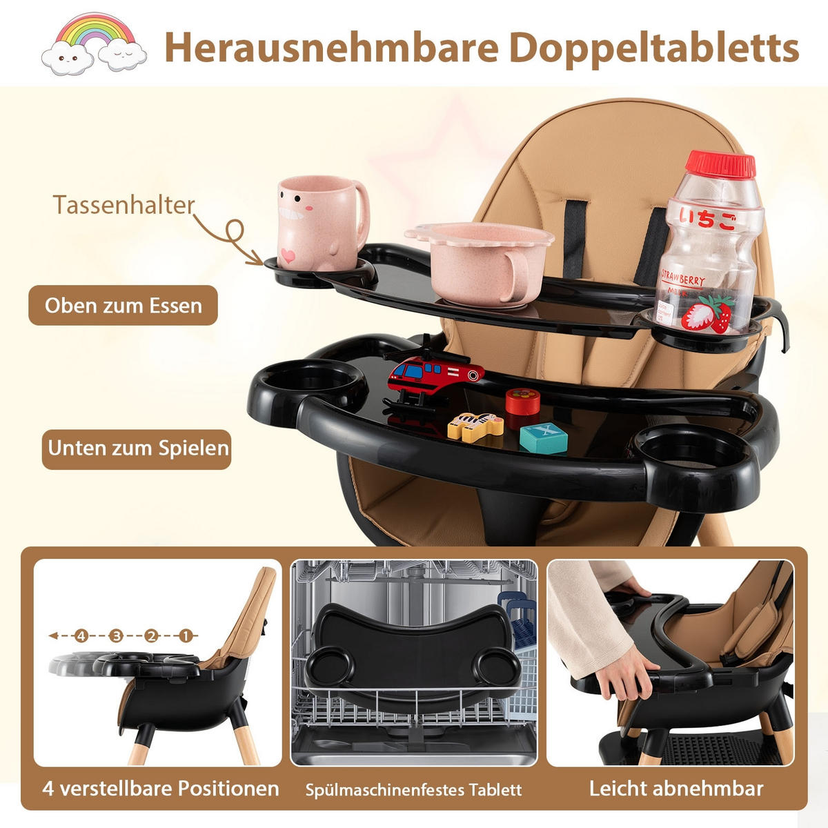KINDERHOCHSTUHL mit Bausteintisch braun - Braun, Kunststoff (62/100/62cm) - COSTWAY
