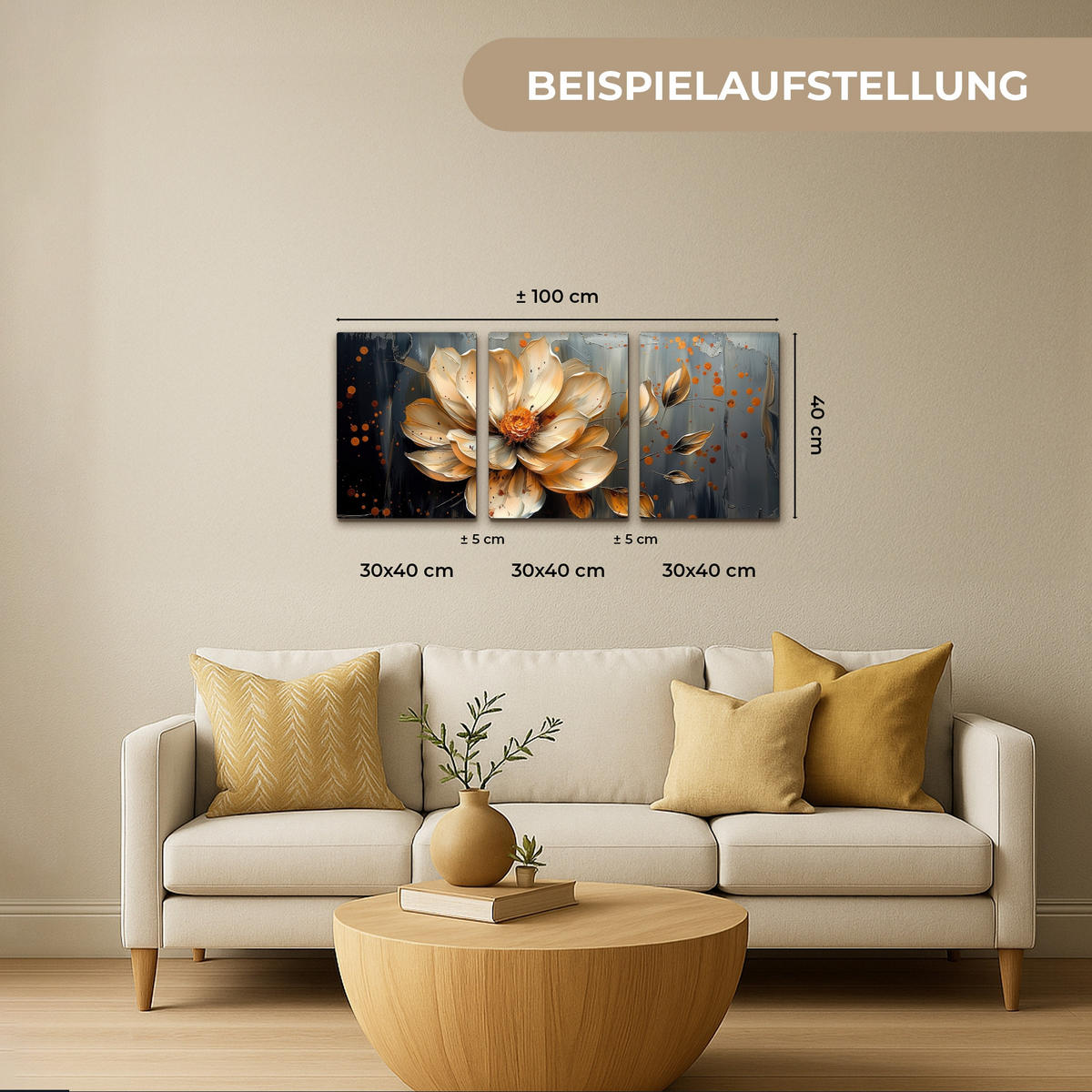 LEINWANDBILD 3er Set Blume - Gold - Abstrakt - Farbe 90x40 cm - Creme, Textil (90/40cm) - MuchoWow