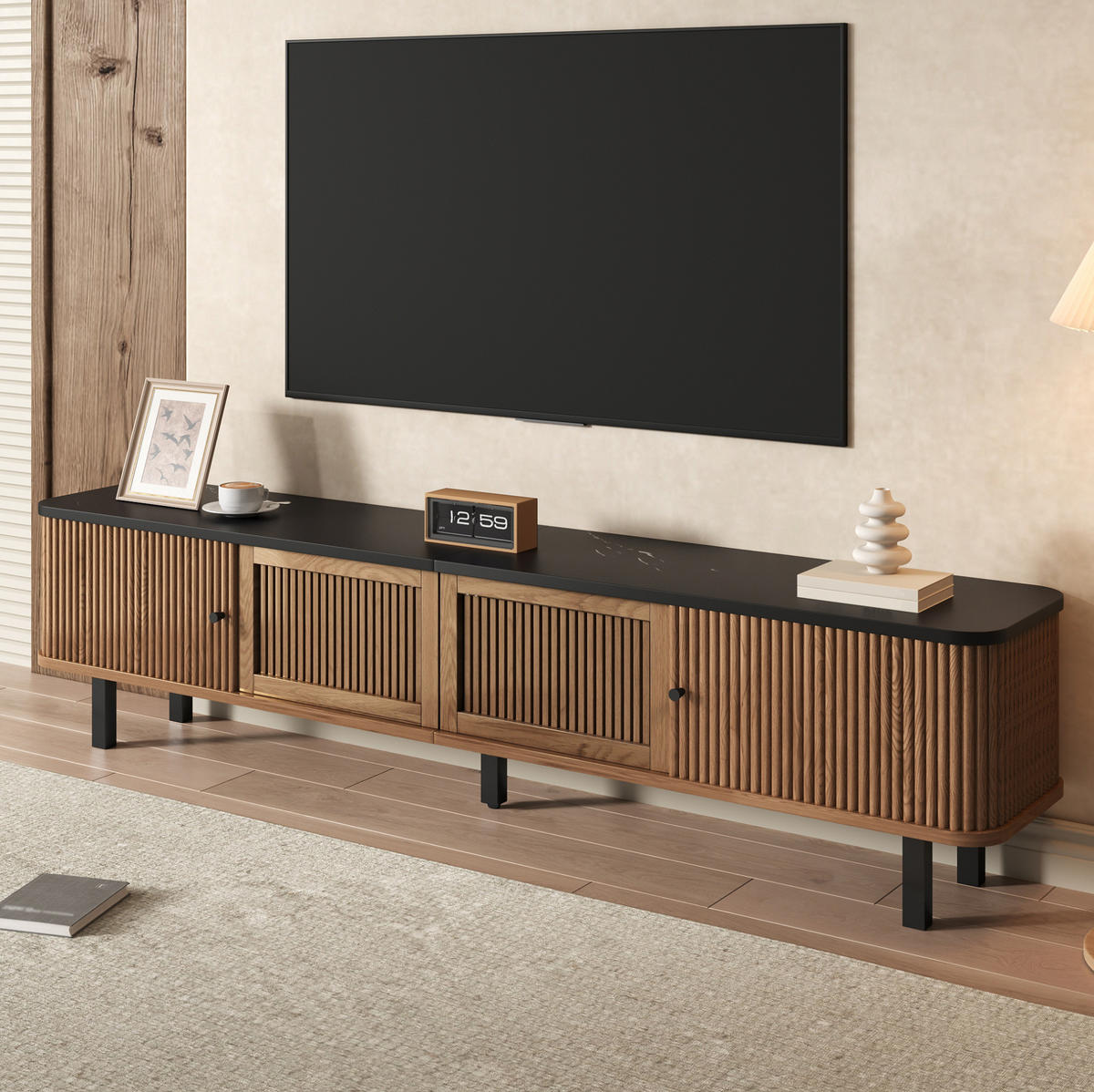 TV ormarić od MDF-a i iverice 190x35x45 cm boja hrasta s kliznim vratima, rešetkastim frontama i velikim prostorom za pohranu - smeđa, drvni materijal (190/45/35cm) - Modfu