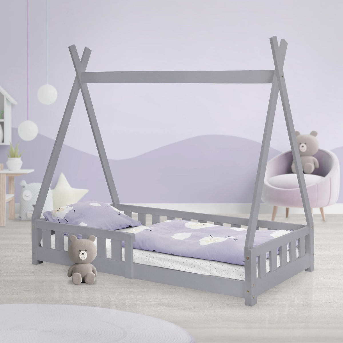 KINDERBETT Tipi 80x160 cm Hellgrau - Hellgrau, Holz (80/160cm) - ML-DESIGN