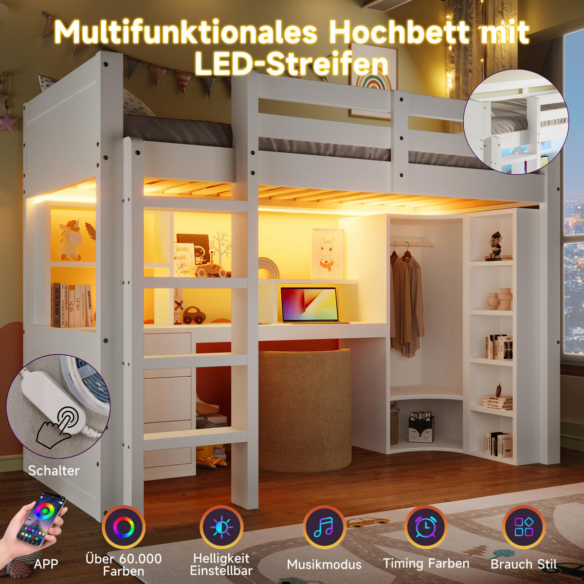 HOCHBETT 90/200 cm in Weiß – mit Schreibtisch, Kleiderschrank und LED - Weiß, Holzwerkstoff (90/200cm) - BEAOK