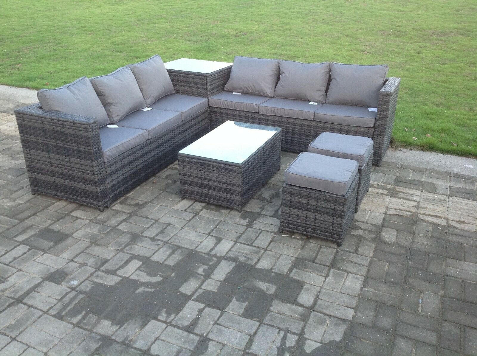 GARTENMÖBEL-SET MIT 3 SITZER SOFA BEISTELLTISCH HOCKER Polyrattan Outdoor 6-Sitzer - Dunkelgrau/Grau, Glas/Kunststoff - Fimous
