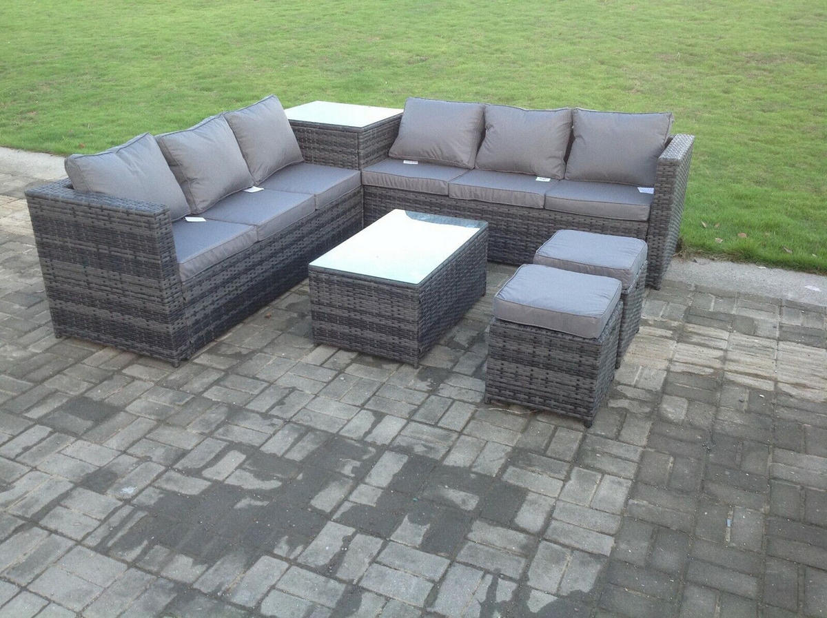 GARTENMÖBEL-SET MIT 3 SITZER SOFA BEISTELLTISCH HOCKER Polyrattan Outdoor 6-Sitzer - Dunkelgrau/Grau, Glas/Kunststoff - Fimous